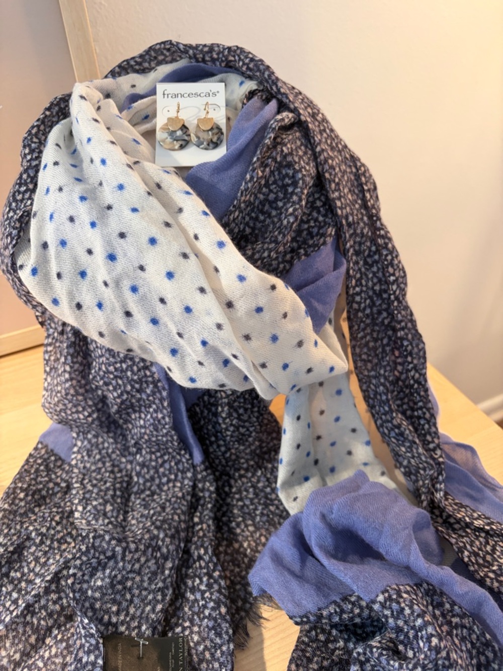 Ann Taylor Blue & Cream Textured Fringe Scarf & Earrings